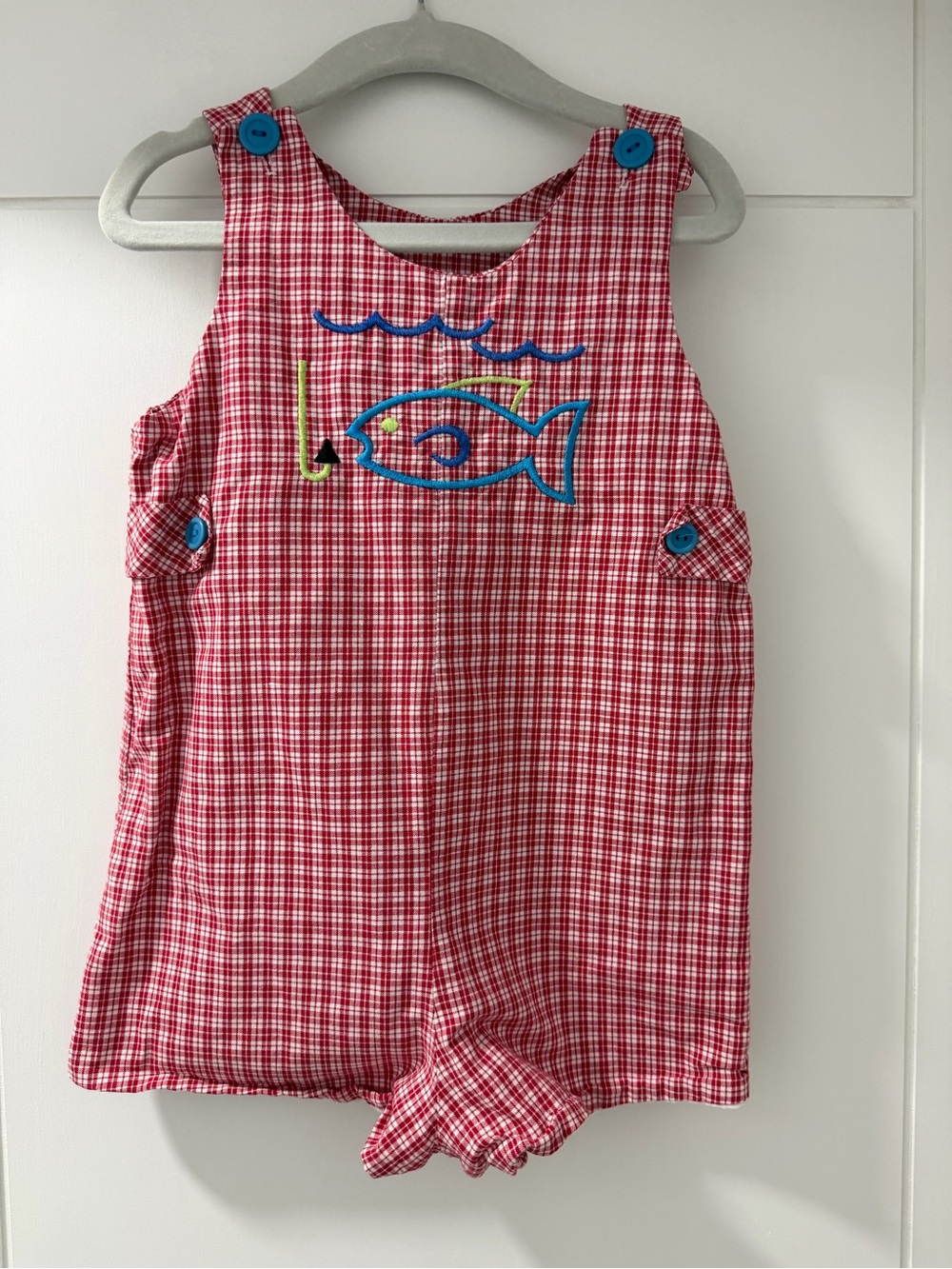 Red Gingham Toddler Romper with Fish Appliqué size 3T